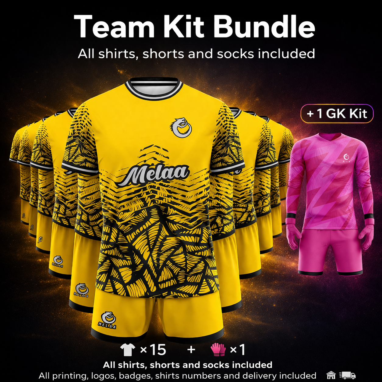 Mens Team Kit Bundle - 16 Full kits + free kit bag + 2 managers track tops